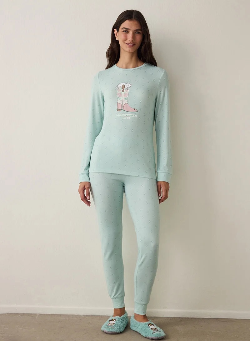 Penti Thermal Effect Crew Neck Long Sleeve Pajama Top with Sleep-In Slogan